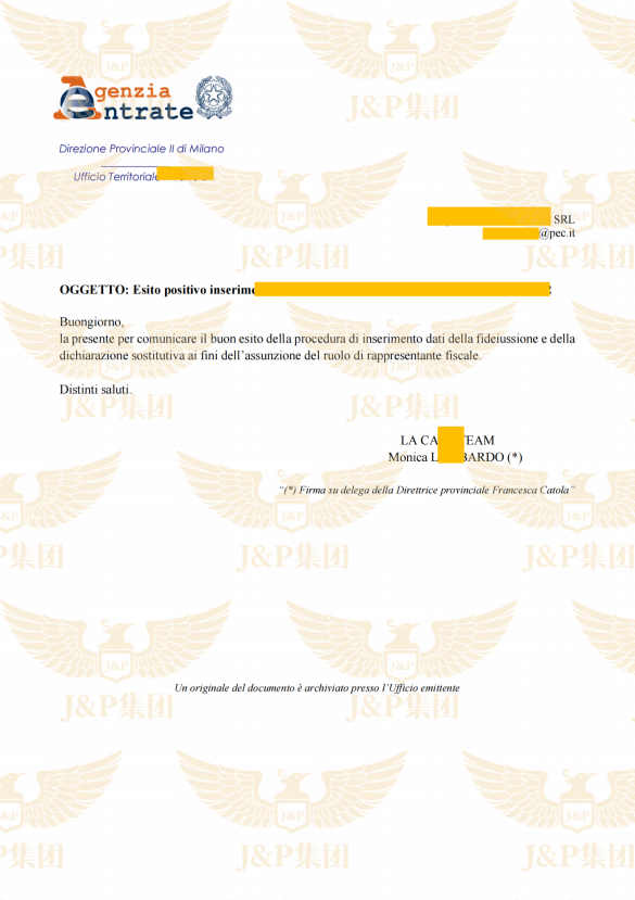 J&P集团顺利通过意大利税务局资质备案