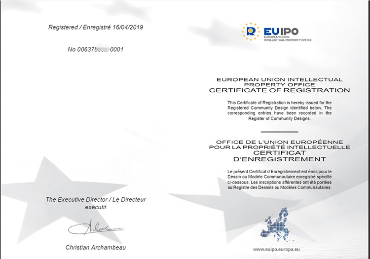 欧盟外观设计专利证书